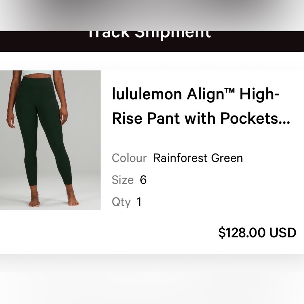 Lululemon align high rise legging with pocket  size 6. 25”. Rainforest green.